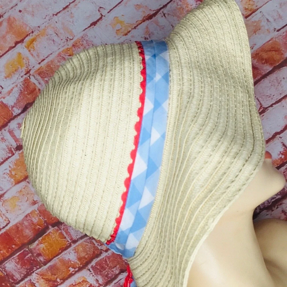 Tan Straw Sun Hat with Blue and Red Cotton Ribbon